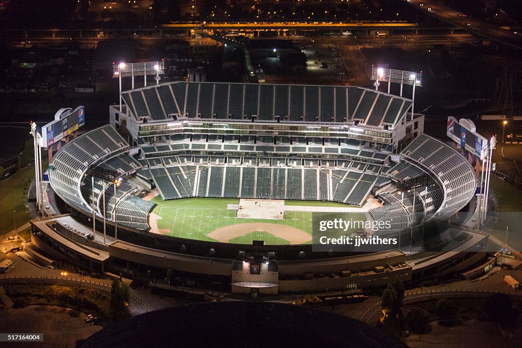 Oakland coliseum vacant at night seen from above