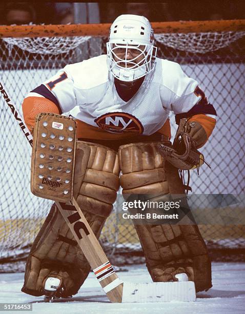 Canadian hockey player Glenn Resch, goalie for the New York Islanders, tends the goal during a game at Nassau Coliseum, Uniondale, Long Island, New...