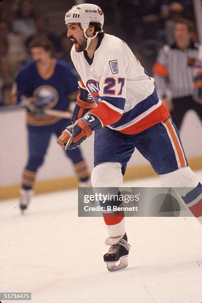 Canadian hockey player John Tonelli, forward for the New York Islanders, on the ice during the playoffs against the Buffalo Sabres at Nassau...