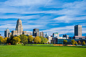 Buffalo skyline from a park with clouds