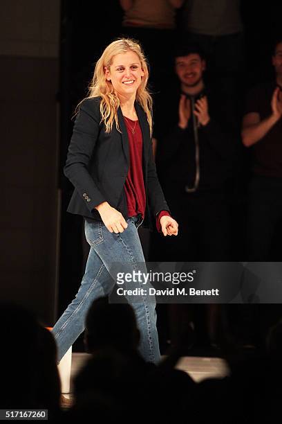 Denise Gough bows at the curtain call during the press night performance of "People, Places and Things" at The Wyndhams Theatre on March 23, 2016 in...