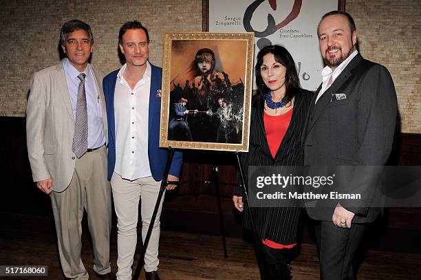 Bruce Dimpflmaier, Hayden Tee, Valerie Smaldone and John Owen-Jones attend the "Les Miserables" portrait unveiling at Tony's di Napoli on March 23,...