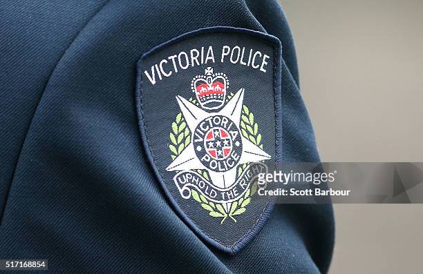 Detail of the Victoria police badge on a police officer during a memorial service to honour Constable Angela Taylor on March 24, 2016 in Melbourne,...