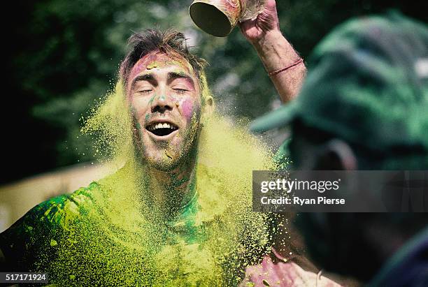 Australian Cricketer Glenn Maxwell celebrates Holi Festival of Colours with Chandigargh locals ahead of the ICC WT20 match between Australia and...