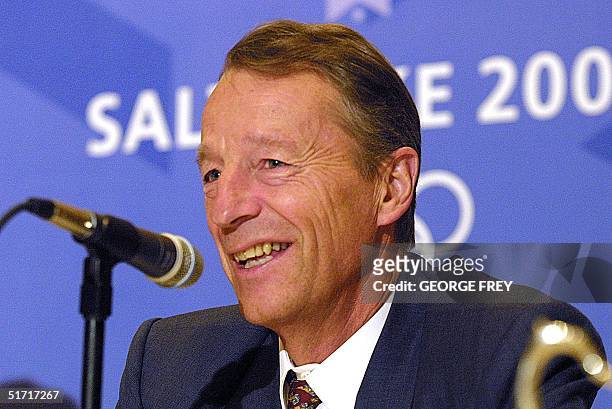 Gerhard Heiberg International Olympic Committee member from Norway talks with the press 29 October, 2001 in Salt Lake City. He discussed security...