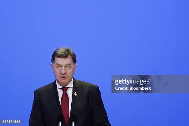 Algirdas Butkevicius, Lithuania's prime minister, speaks during the opening plenary session of the Boao Forum For Asia Annual Conference in Boao,...