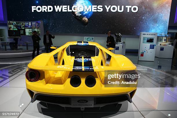 Ford GT model car is on display during the 116th New York International Auto Show at the Javits Convention Center in Manhattan, New York on March 24,...