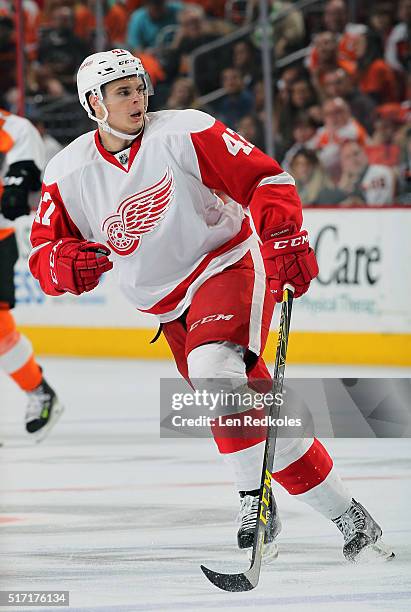 Alexey Marchenko of the Detroit Red Wings skates against the Philadelphia Flyers on March 15, 2016 at the Wells Fargo Center in Philadelphia,...