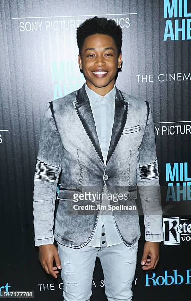 Jacob latimore attends The Cinema Society with Ketel One and Robb Report host a screening of Sony Pictures Classics' "Miles Ahead" at Metrograph on...