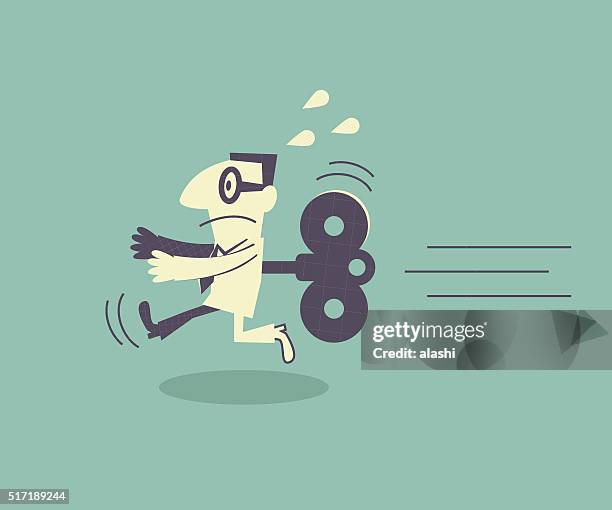 stockillustraties, clipart, cartoons en iconen met businessman running with wind-up key in his back - ambtenaar