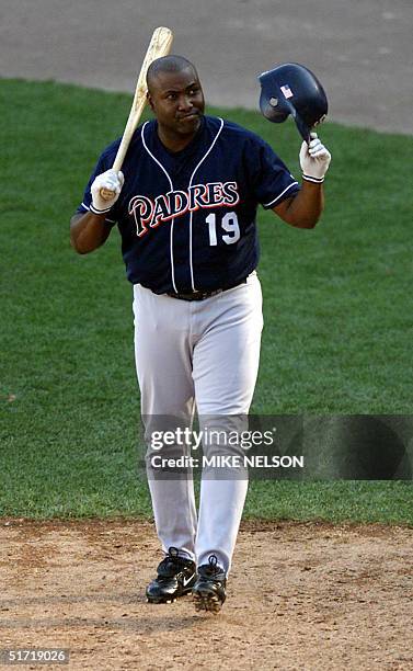 Tony Gywnn of the San Diego Padres tips his helmet to the fans prior to pinch hitting in the 9th inning against the San Francisco Giantat Pacific...