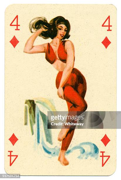 seaside pin-up romikartya 4 vintage playing card hungary 1950s - pin-up meisje stockfoto's en -beelden