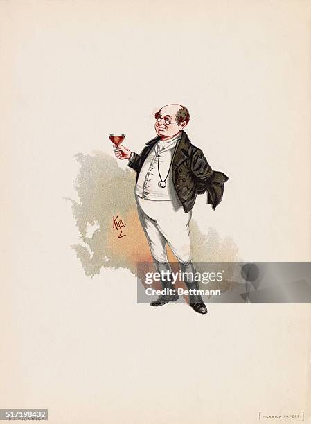 Mr. Samuel Pickwick, founder and leader of the Pickwick Club, toasts with a glass of wine in this illustration by Kyd for Dickens' first novel, The...