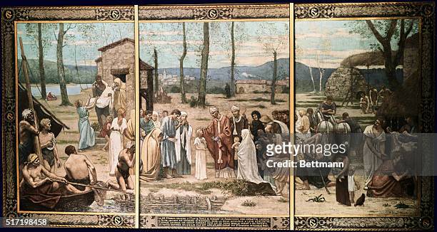 PUVIS DE CHAVANNES : MURAL DEPICTING THE CHRISTIANIZATION OF BRITON. LANDING NEAR LANTERRE, ST. GERMAIN D'AUXERRE BLESSES A OYUNG GIRL WHO WAS TO...