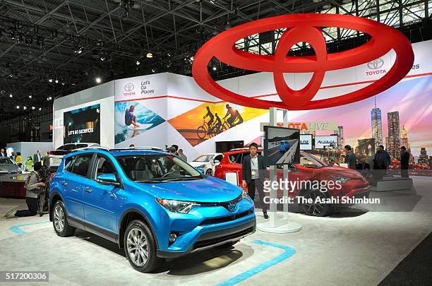 General view of the Toyota Motor Co booth is seen at the New York International Auto Show at the Javits Center on March 23, 2016 in New York City.