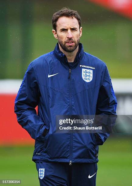 Gareth Southgate manager of England U21 looks on during an England U21 training session ahead of their UEFA U21 European Championship qualifier...