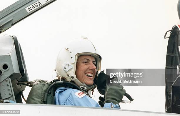 Johnson Space Center, Houston, Texas: Teacher-astronaut Christa McAuliffe, of the space shuttle Challenger crew, smiles as she prepares for fight...