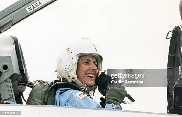 Johnson Space Center, Houston, Texas: Teacher-astronaut Christa McAuliffe, of the space shuttle Challenger crew, smiles as she prepares for fight...