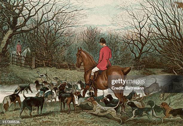 Illustration entitled "The Huntsman Appears at The Cover, Once More On Old Mercury's Back," depicting a scarlet coated huntsman surrounded by a pack...