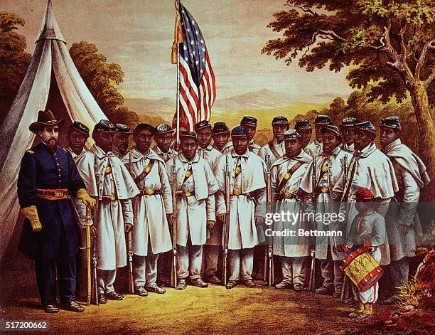 United States Soldiers at Camp William Penn, Philadelphia, Pennsylvania. Black Regiment. "Rally Round The Flag, Boys! Rally Once Again, shouting the...