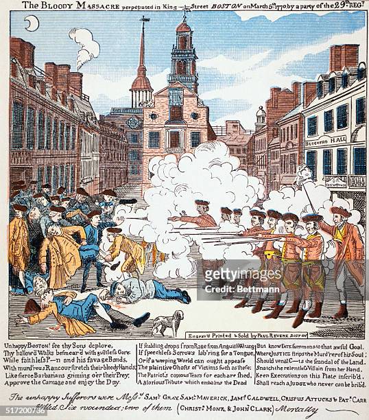 THE BOSTON MASSACRE PERPETRATED IN KING STREET, BOSTON, ON MARCH 5, 1770. FROM A COLORED ENGRAVING PRINTED AND SOLD BY PAUL REVERE.