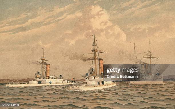 Illustration of some of the ships of the Great White Fleet in 1894; from left to right: USSAmphitrite, USS Puritan, USS Ericsson .