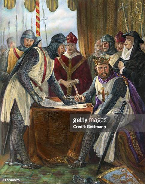 King John is shown signing the Magna Carta . Undated illustration, after a painting by Chappel.