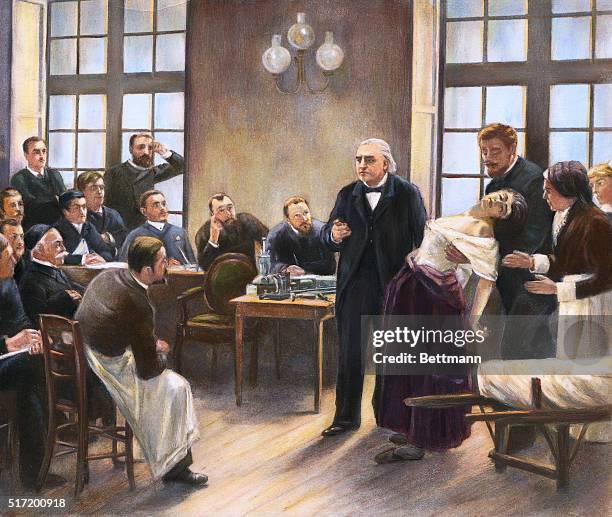 Illustration of Dr. Jean-Martin Charcot giving a clinical lecture on the symptoms of hysteria at the Salpetriere. | Version of: 'A Clinical Lesson at...