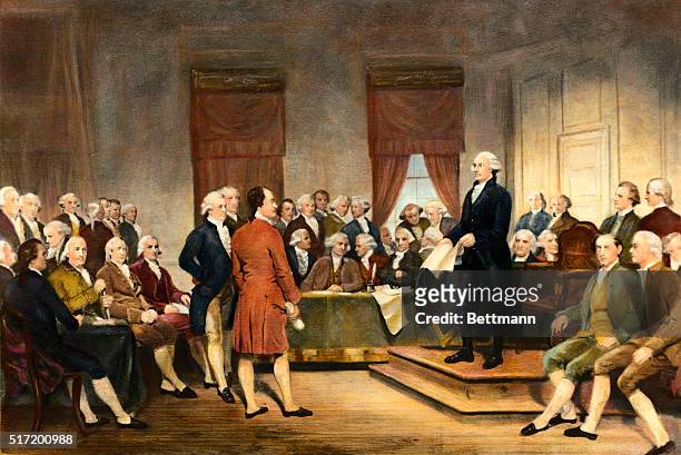 The signing of the United States Constitution in 1787. Undated painting by Stearns.