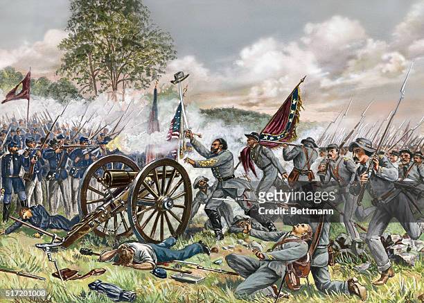 THE BATTLE OF GETTYSBURG. PICKET'S CHARGE ON CEMETARY HILL, JULY 3, 1863.UNDATED COLORED ENGRAVING.