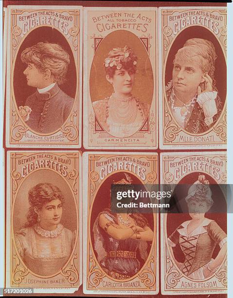 Six trade cards for "Between the Acts & Bravo Cigarettes," with female star personalities on each: Blanche Curtisse, Carmencita, Mlle. Donati,...
