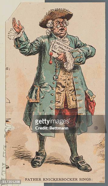 "Father Knickerbocker Sings:" 19th Century illustration of Father Knickerbocker, an all-around, 17th Century Dutchman who reminded New York City of...