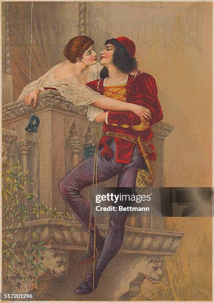 An illustration depicting a romantic scene from Shakespeare's Romeo and Juliet.