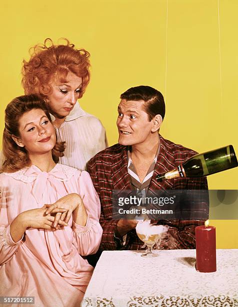Elizabeth Montgomery, Agnes Moorehead, and Dick York in a publicity handout for the television program, Bewitched, which ran from 1964 to 1972....