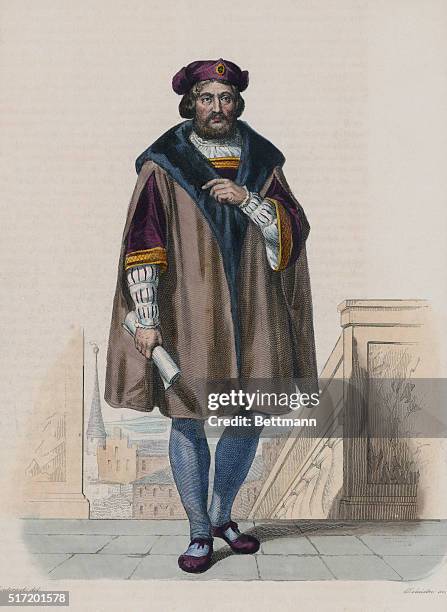 Color engraving of French Renaissance poet, Pierre de Ronsard