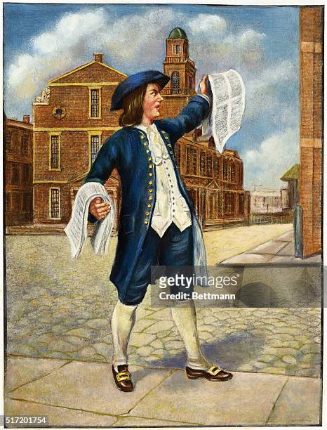 Benjamin Franklin as a young boy, selling his own ballads. Undated illustration.