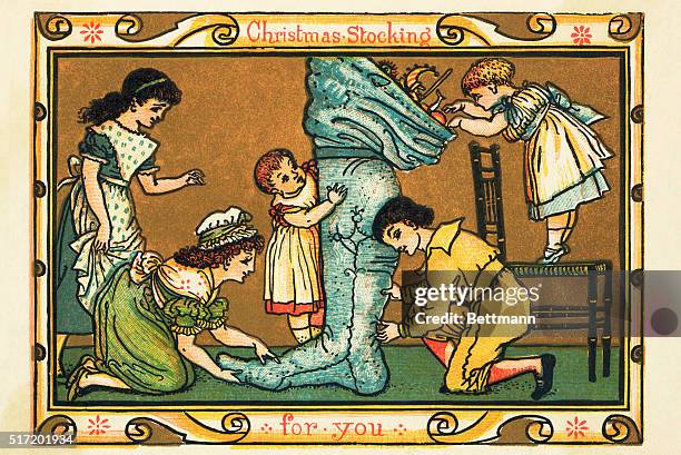 Christmas Greeting Card: Illustration of children unpacking an enormous stocking full of toys while the governesses assist.