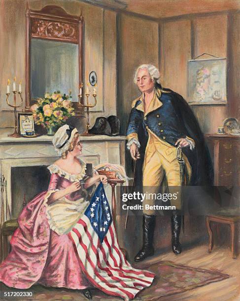 George Washington watching Betsy Ross sew the flag.