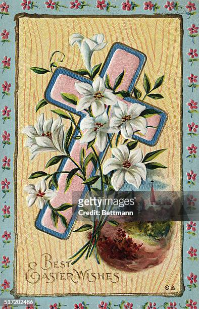 Greeting card reads "Best Easter Wishes" and shows a cross with Easter lillies, and an oval scene of a town in spring bloom. Undated illustration.