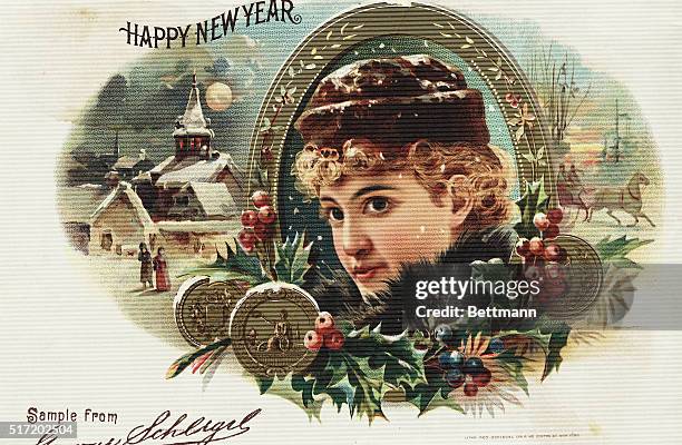 Sample sheet of a greeting card reads "Happy New Year" and shows a woman in an oval frame, surrounded by mistletoe and blueberries. Outside of the...