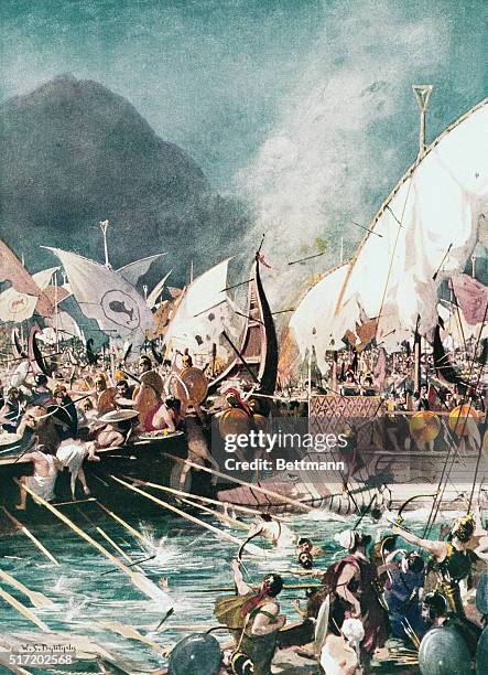 Salamis, Greece: Greek Sea Battle. Battle of Salamis, 480 B. C. In which Greece gained an uncontested victory over the Persian fleet. Painting based...
