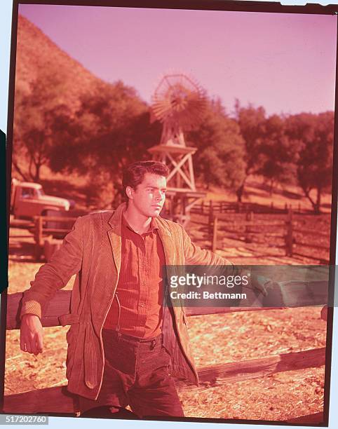 Publicity shot of actor Richard Beymer. Three quarter length shot in country setting with windmill in the background.