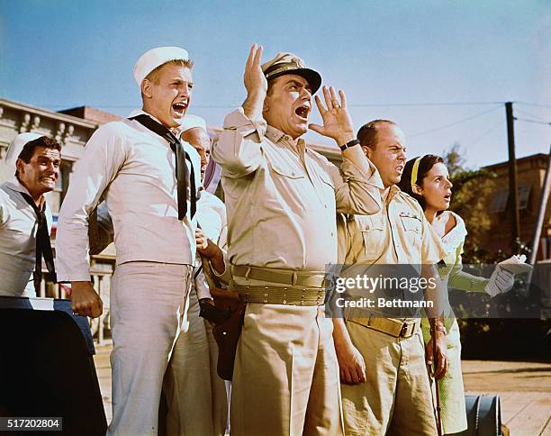 Lieutenant commander Quinton McHale , ensign Charles Parker and the crew of PT-73 look surprised in this still from the TV series McHale's Navy. The...