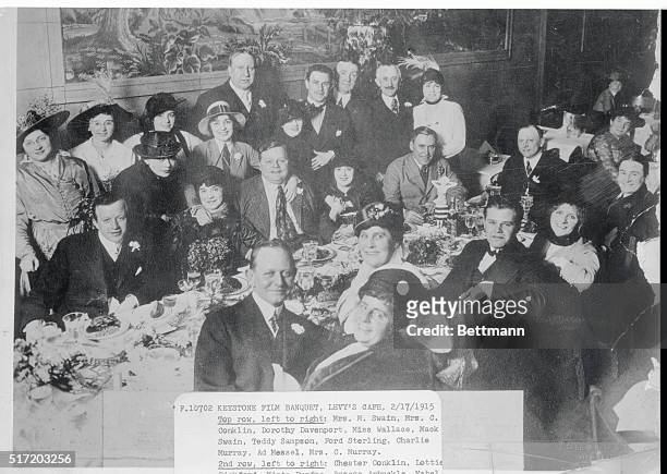 Keystone Film Banquet, Levy's Cafe, Feb. 17, 1915. Top row, left to right: Mrs. M. Swain, Mrs. C. Conklin, Dorothy Davenport, Miss Wallace, Mack...