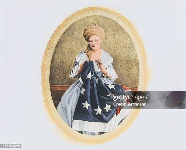 Betsy Ross sewing the first flag of the United States.