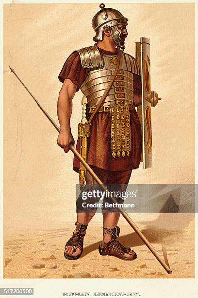 Roman legionary in helmet and breastplate, holding a shield and a spear. Water color restoration by M. Bartholdi, Museum of Saint-Germain.