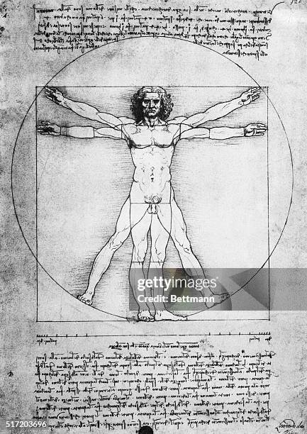 Leonardo Da Vinci's "The Proportions of Man," is shown in this manuscript illustration.