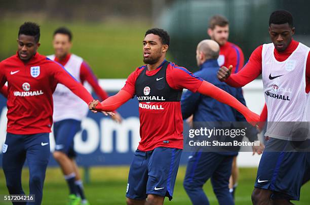 Jordon Ibe warms up during an England U21 training session ahead of their UEFA U21 European Championship qualifier against Switzerland at St Georges...