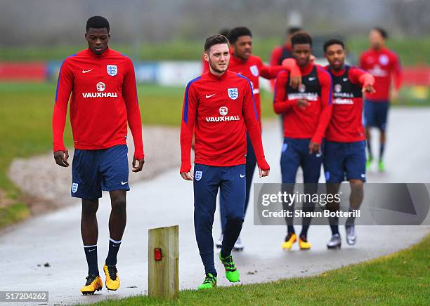 Dominic Iorfa and Matt Grimes look on during an England U21 training session ahead of their UEFA U21 European Championship qualifier against...