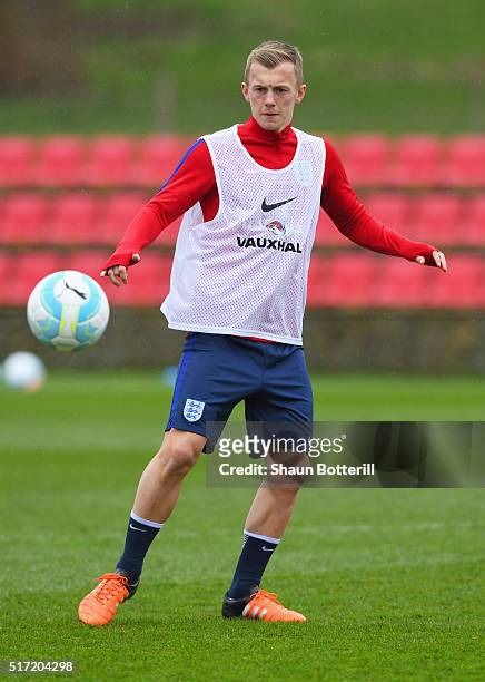 James Ward-Prowse in action during an England U21 training session ahead of their UEFA U21 European Championship qualifier against Switzerland at St...